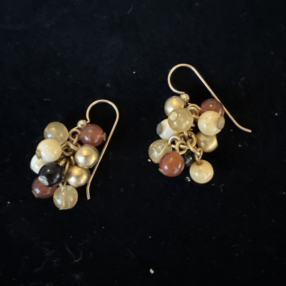 Vintage Multi Color Round Bead Cluster Dangle Earrings Gold Tone Hook Beaded